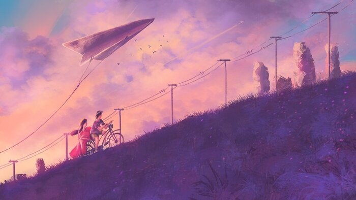 Bild Couple cycling on road in sunset time