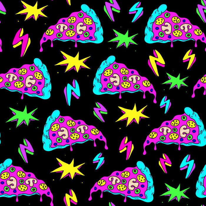 Bild Crazy space alien pizza attack seamless pattern with pizza slices, lightning strikes, and colorful explosions. Black background.