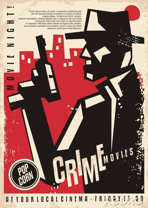 Bild Crime and noir films vintage cinema poster design with gangster graphic and city skyline. Retro secret agents movies flyer template. Vector graphic.