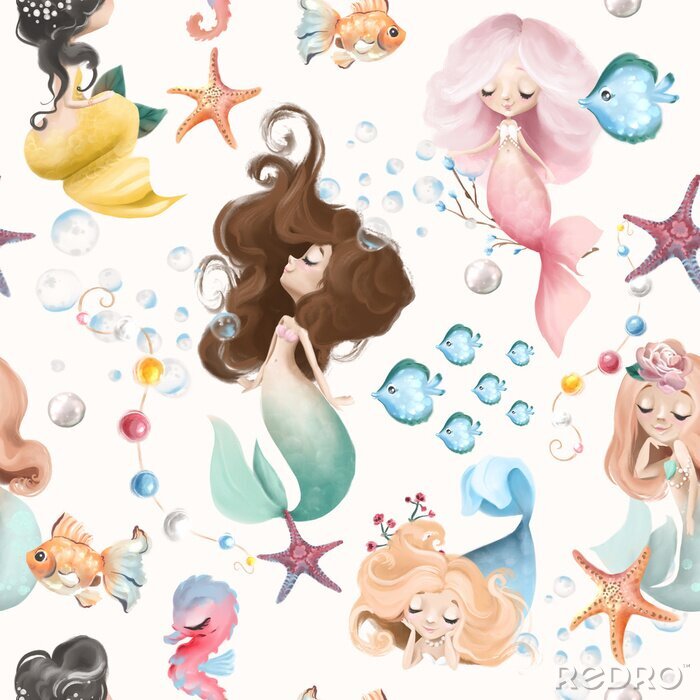 Bild Cute and beautiful seamless pattern - little mermaids, fishes and flowers watercolor illustration