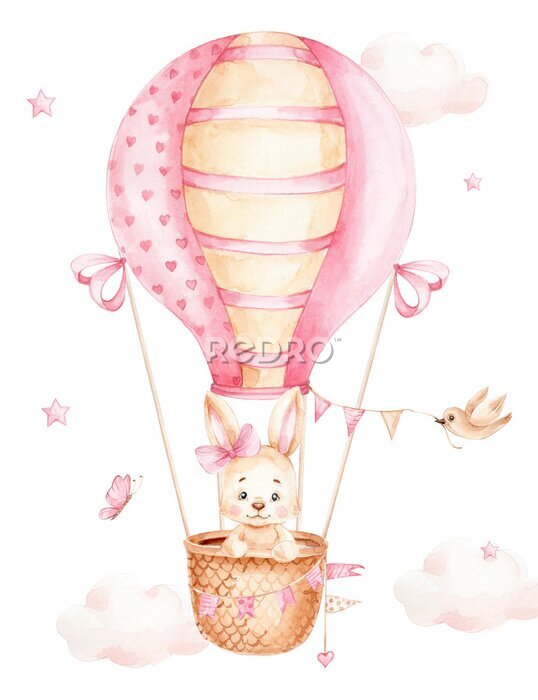 Bild Cute cartoon bunny flying in pink air balloon; watercolor hand drawn illustration; can be used for kid poster or baby shower; with white isolated background