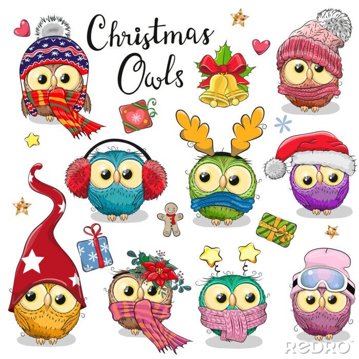 Bild Cute cartoon Christmas owls on a white background
