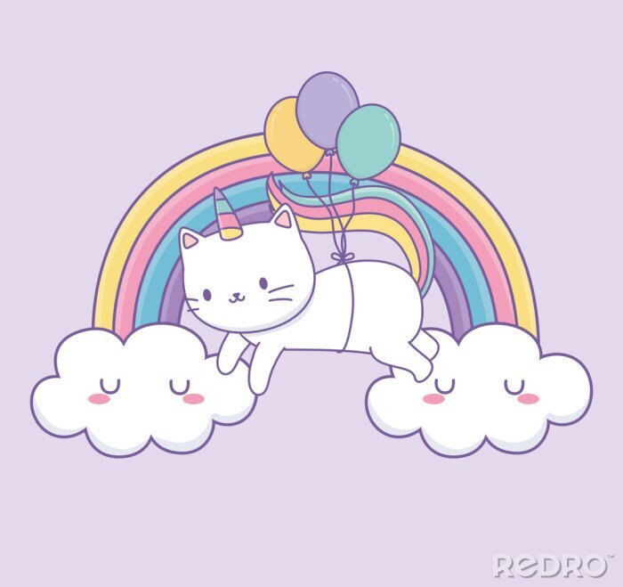 Bild cute cat with rainbow tail and balloons helium kawaii character