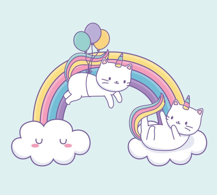 Bild cute cat with rainbow tail and balloons helium kawaii character