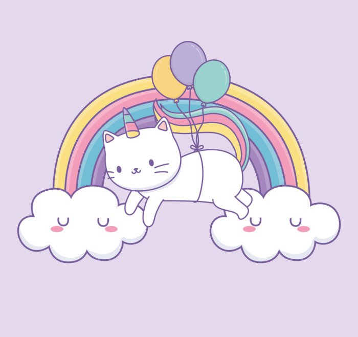 Bild cute cat with rainbow tail and balloons helium kawaii character