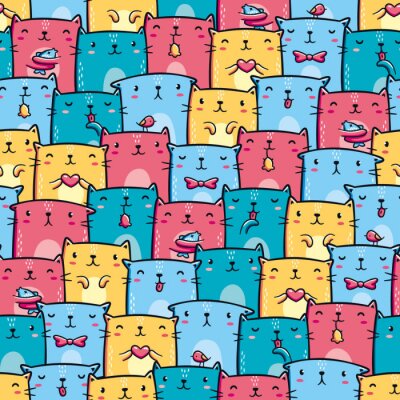 Bild Cute colorful cats seamless pattern. Kawaii characters, hand drawn style. Design for print (apparel, wrapping paper, background, poster)