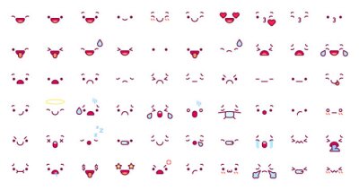Bild Cute emoticon emoji faces. Cartoon kawaii face expression in japanese anime character. Manga emotion kiss, cry and angry vector icons set. Happy and sad emotions, sleeping, ill, stressed