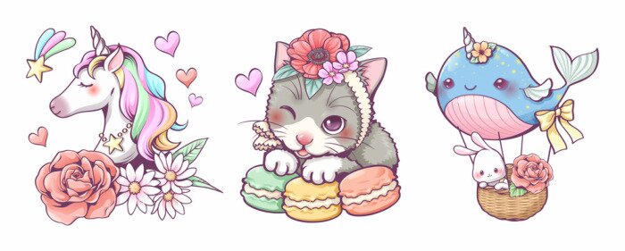 Bild Cute hand drawn doodle Unicorn flower, cat macaron and whale balloon clip art set,  vector illustration, kawaii character cartoon design, wallpaper, logo and sticker tattoo.