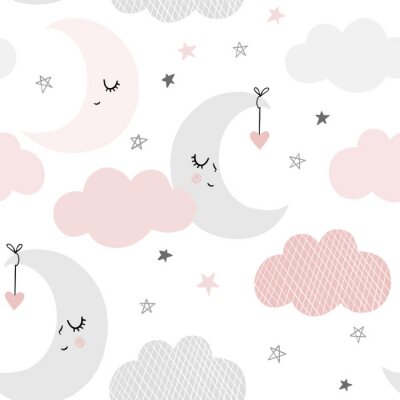 Cute sky pattern. Seamless vector design with smiling, sleeping moon, hearts, stars and clouds. Baby illustration. 