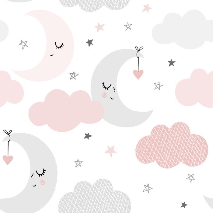 Bild Cute sky pattern. Seamless vector design with smiling, sleeping moon, hearts, stars and clouds. Baby illustration. 