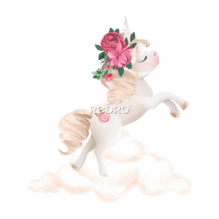 Bild Cute unicorn, magic pony with flowers, floral wreath on cloud