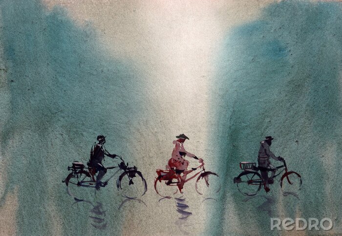 Bild cyclist riding bicycle crossing woods watercolor abstract painting