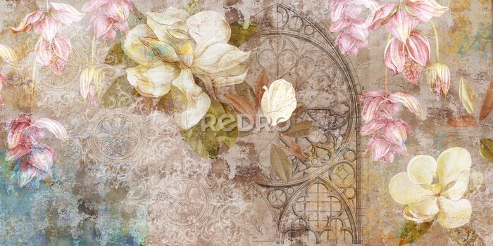 Bild Design for mural, wallpaper, photo wallpaper, card, postcard. Floral background. Magnolia, jasmine flowers illustration.