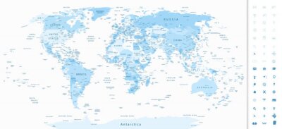 Detaillierte Weltkarte in blauen  Farbtönen