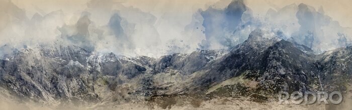 Bild Digital watercolor painting of Stunning dramatic panoramic landscape image of snowcapped Glyders mountain range in Snowdonia