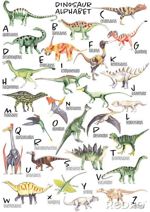 Bild Dinosaurier Alphabet mit Aquarellfarben gemalt