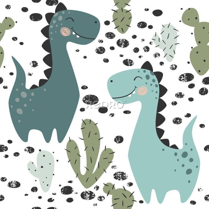 Bild Dinosaurier inmitten von Kakteen im skandinavischen Stil
