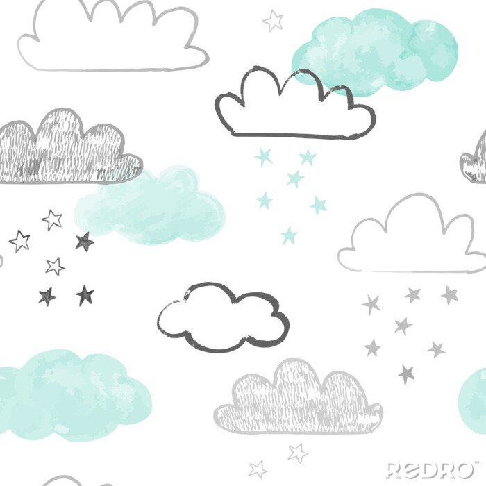 Bild Doodle clouds pattern. Hand drawn vector seamless background with clouds and stars in grey and teal. Scandinavian style print. 