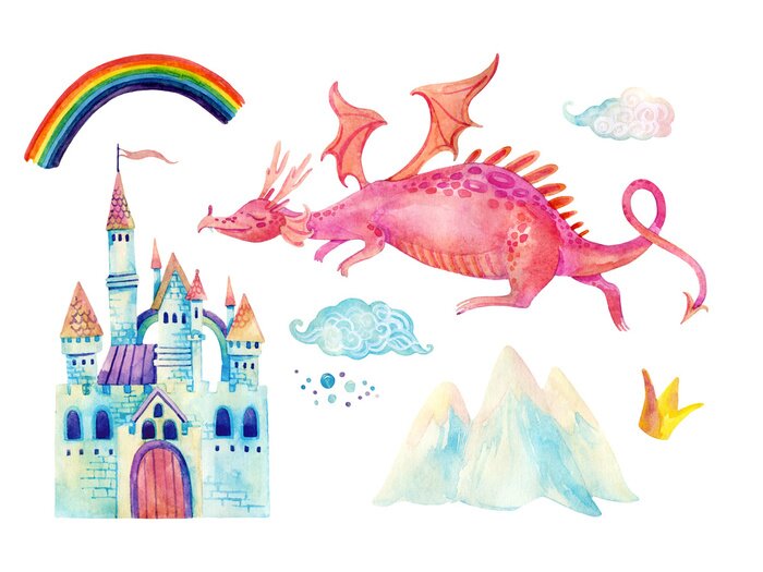 Bild Drache, der zum Schloss fliegt, und ein Regenbogen