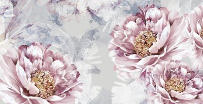 Bild Drawn art peonies on a textured background with imitation of paint and stains, wall murals in a room or home interior