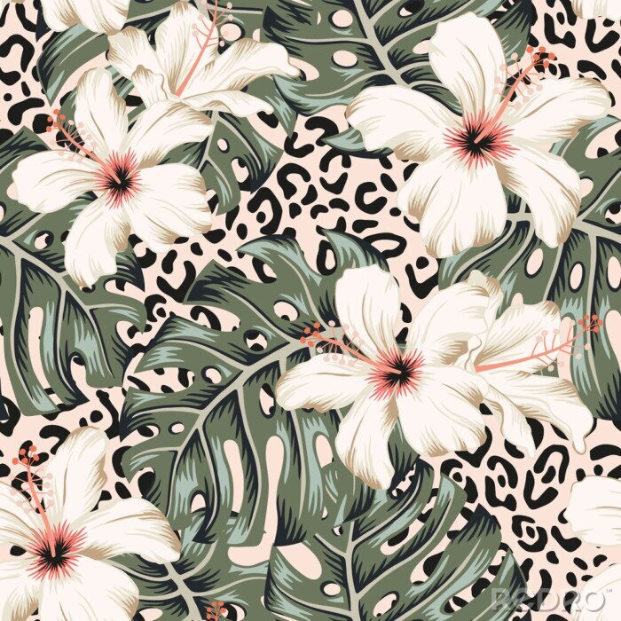 Bild Dschungelblätter und tropische Hibiskusblüten