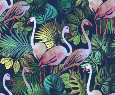 Dunkles Muster mit Flamingos und Pflanzen