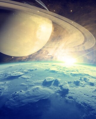 Ein beringter Planet und ein blauer Planet