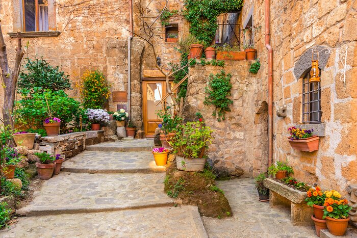 Bild Ein charmantes Steingebäude mit Blumentöpfen und Kletterpflanzen an der Wand