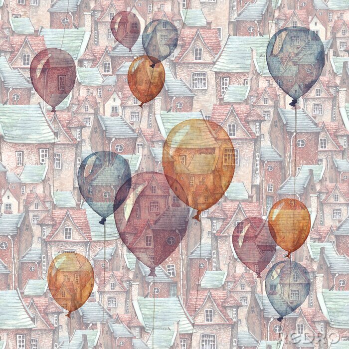 Bild Ein nahtloses Muster mit einer Aquarellillustration von Ballonen und von einer alten Stadt auf dem Hintergrund. Dächer, europäische Backsteinhäuser und fliegende Ballons - romantisches Märchen.