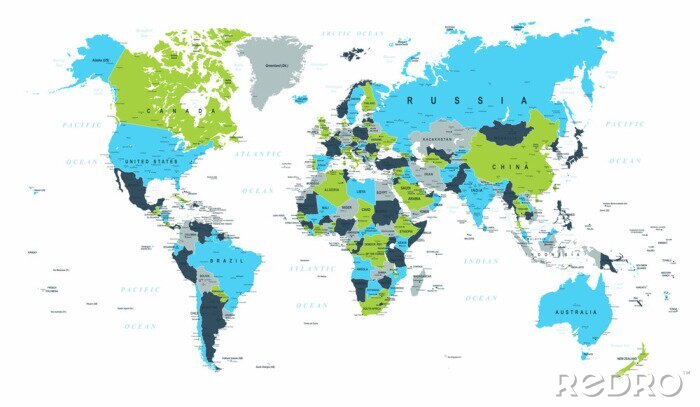 Bild Eine politische Weltkarte mit überwiegend blauen und grünen Farben