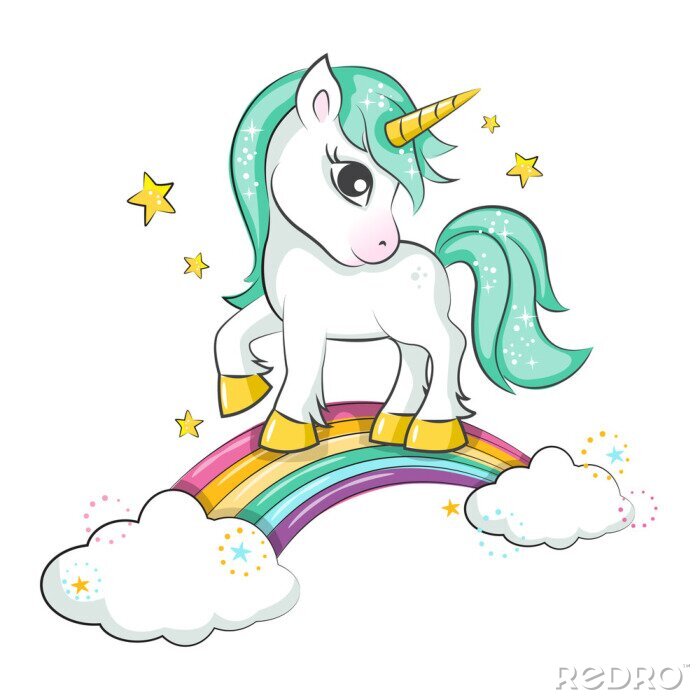 Bild Einhorn mit grünem Schwanz und Mähne auf einem Regenbogen