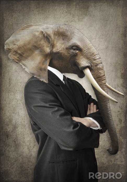 Bild Elefant in einem Anzug. Mann mit dem Kopf eines Elefanten. Konzept Grafik im Vintage-Stil.
