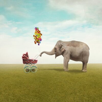 Elefanten und Luftballons am Kinderwagen