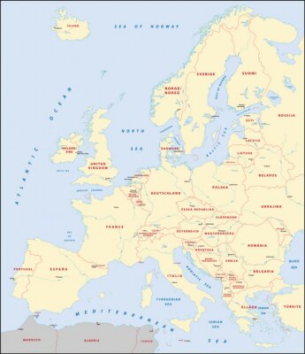 Europakarte mit roten Aufschriften