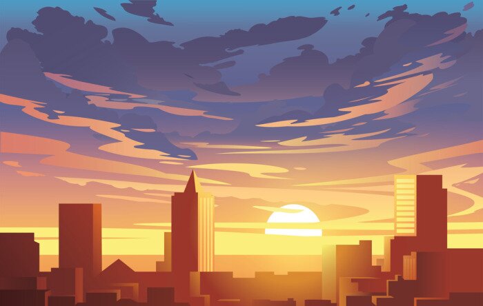 Bild Evening city panorama, vector, sunset. Flat anime style