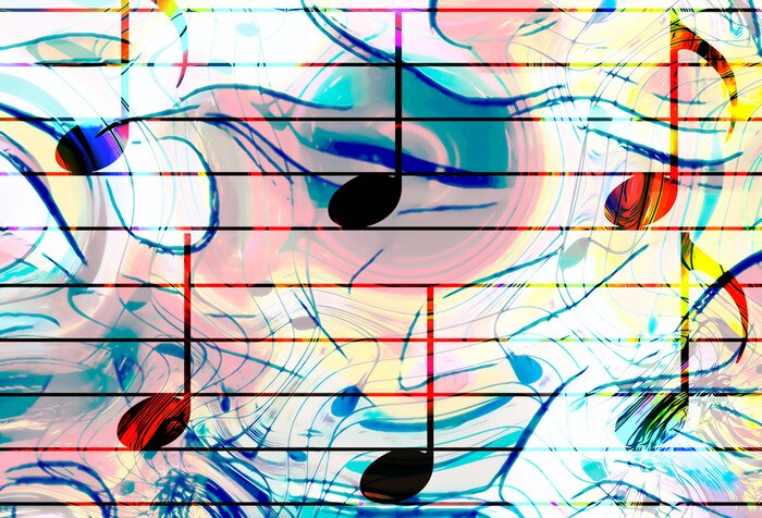 Bild Farbenfrohe Illustration von Noten und Instrumenten