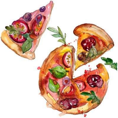 Bild Fast food itallian pizza in a watercolor style set. Aquarelle food illustration for background. Isolated pizza element.