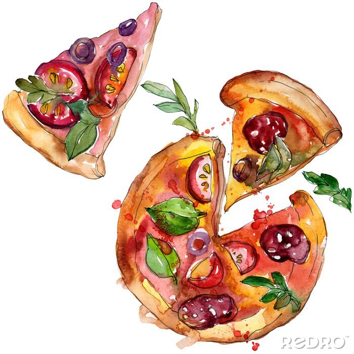 Bild Fast food itallian pizza in a watercolor style set. Aquarelle food illustration for background. Isolated pizza element.