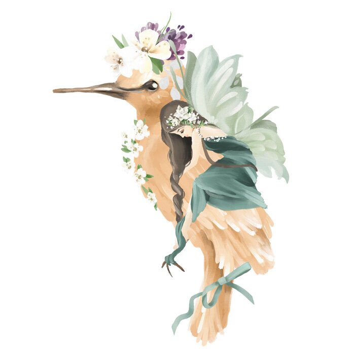 Bild Fee mit grünen Flügeln, die einen Vogel umarmt