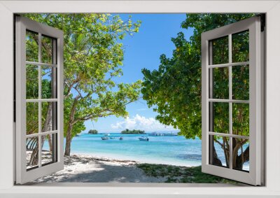 Bild Fenster mit Blick auf einen tropischen Strand und das Meer
