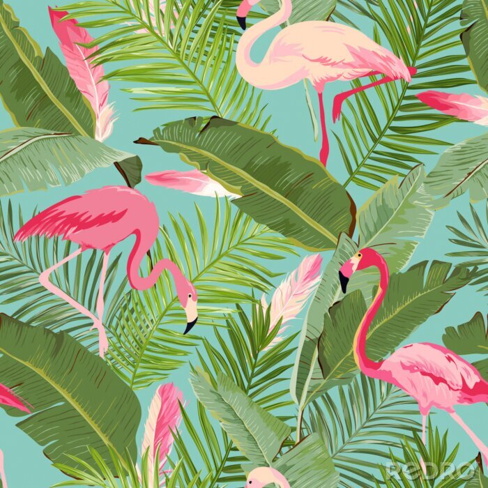 Bild Flamingos auf großen grünen Blättern
