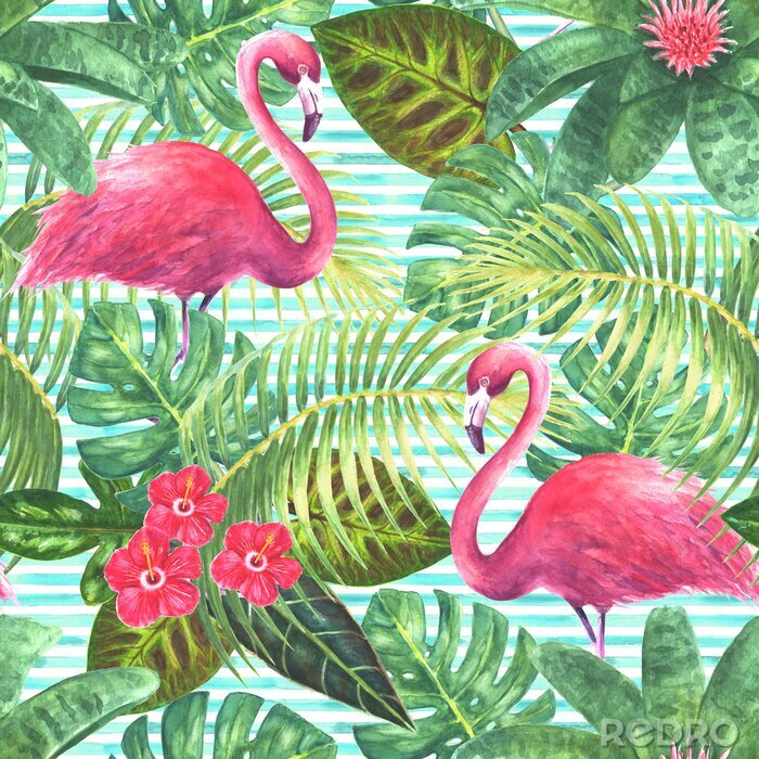 Bild Flamingos Blätter und Blumen auf gestreiftem Hintergrund