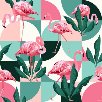 Flamingos und Blätter vor dem Hintergrund der geometrischen Formen