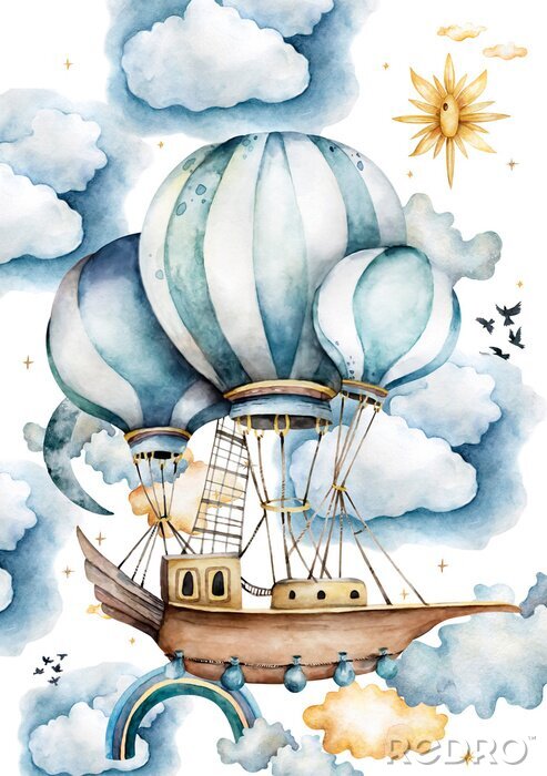 Bild Fliegendes Schiff auf Ballons inmitten von flauschigen Wolken