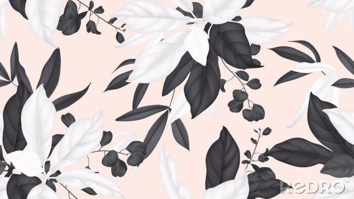 Bild Floral seamless pattern, black and white magnolia leaves, eucalyptus leaves on light orange background