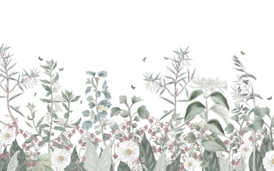 Flowers and plants wallpaper design in pastel tones, pattern design, isolated on white background, textile fabric, oil painting, brush texture, mural art.