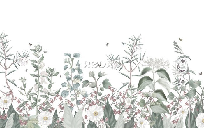 Bild Flowers and plants wallpaper design in pastel tones, pattern design, isolated on white background, textile fabric, oil painting, brush texture, mural art.