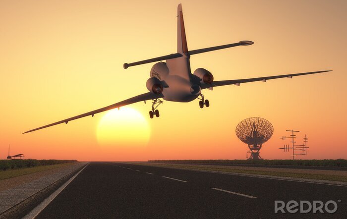Bild Flugzeug hebt bei Sonnenuntergang ab