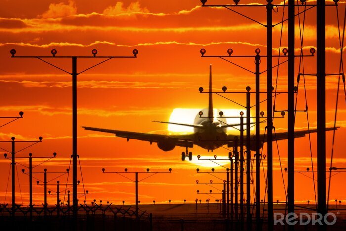Bild Flugzeug landet bei Sonnenuntergang