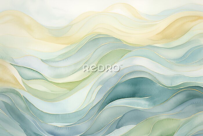 Bild Fluid and harmonious boho watercolor wave design, seamless tessellation for continuous tiling, a soothing blend of soft blues, greens, earthy browns, and warm yellows, capturing the essence of gentle 
